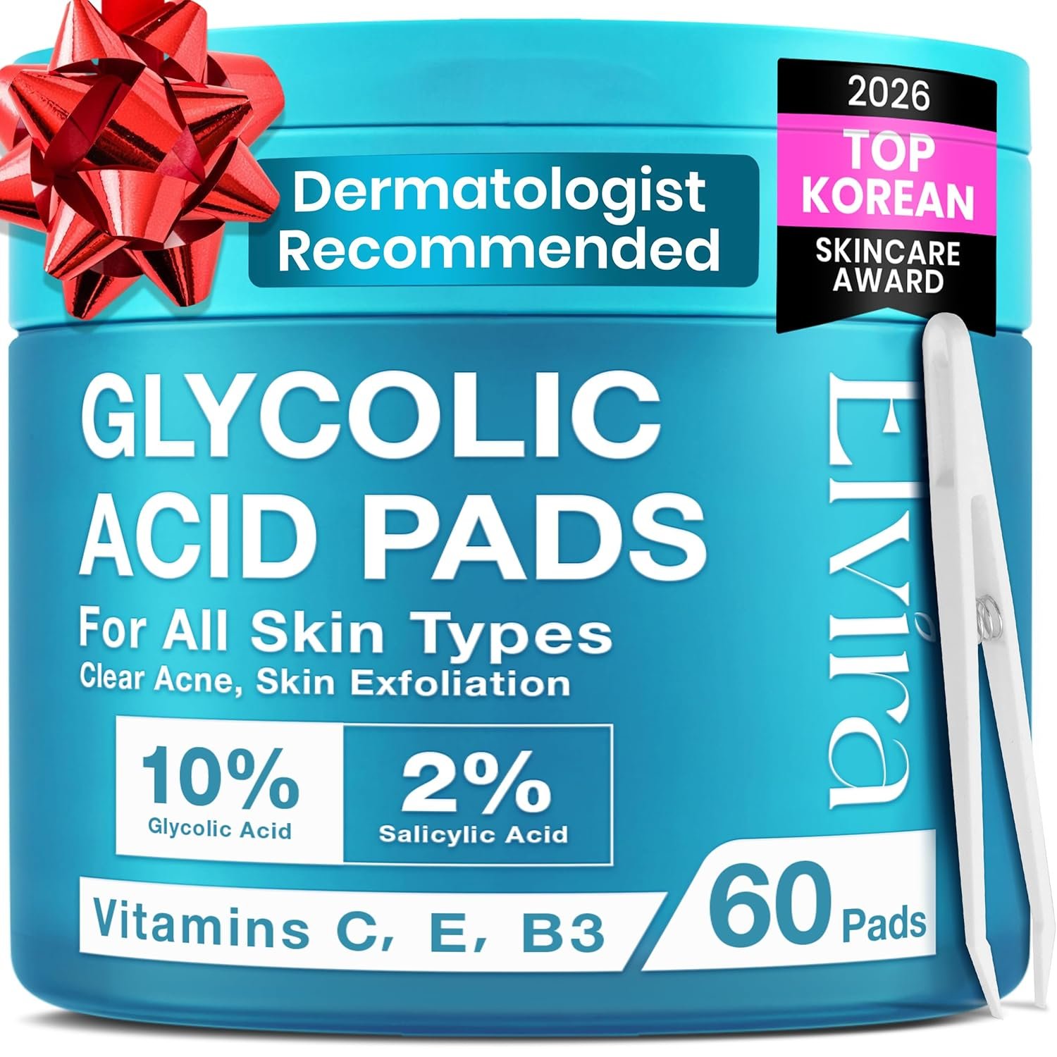 Elvira Glycolic Acid Exfoliating Facial Pads With 10% Glycolic Acid, 2% Salicylic Acid & Niacinamide – 60 Toner Pads, Daily Peel Treatment for Acne Prone Sensitive Skin