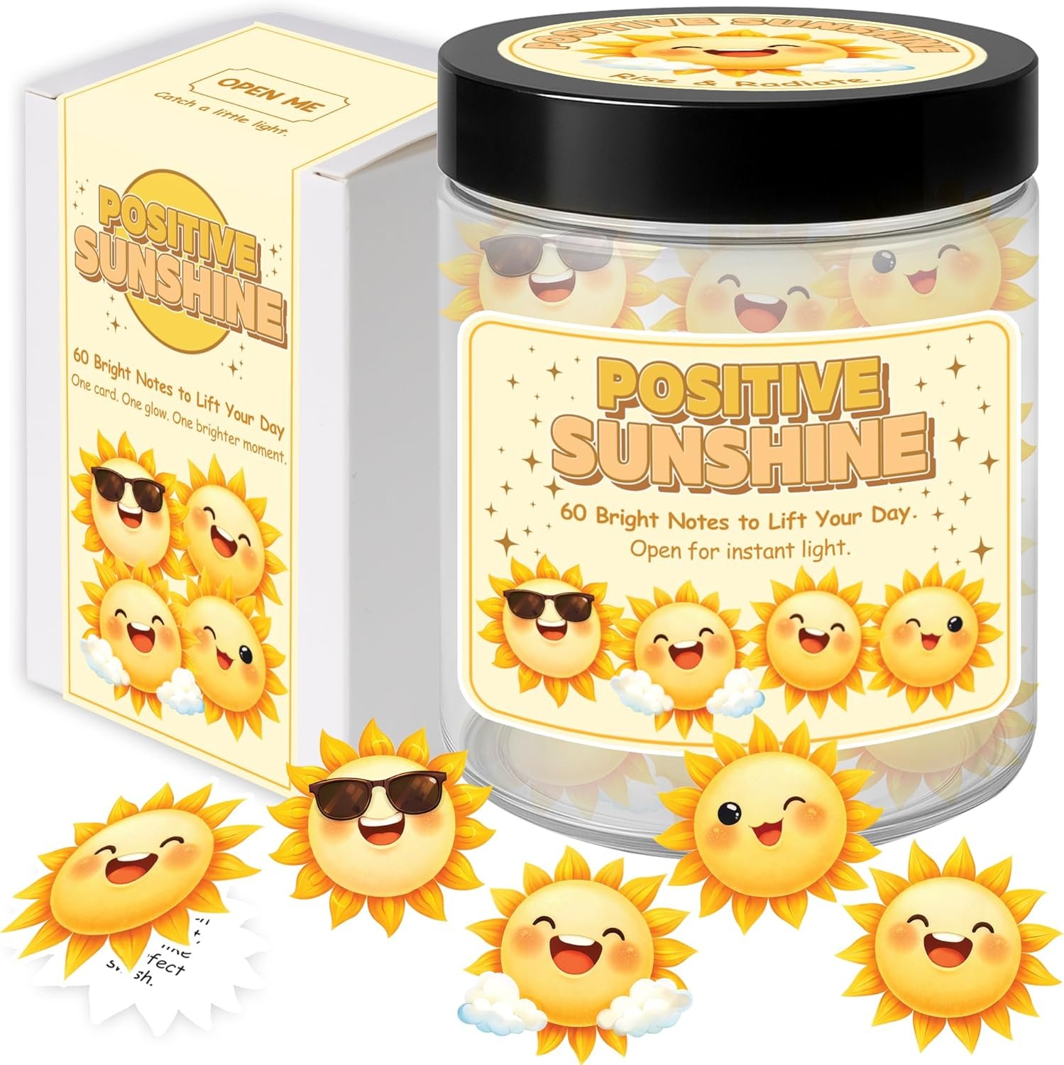 Positive Sunshine Jar – 60 Affirmation Cards for Emotional Support, Yellow Sunshine Gifts for Women & Mom, Motivational & Uplifting Positivity for Coworkers, Friends, Boyfriend, Girlfriend, Teen Girls