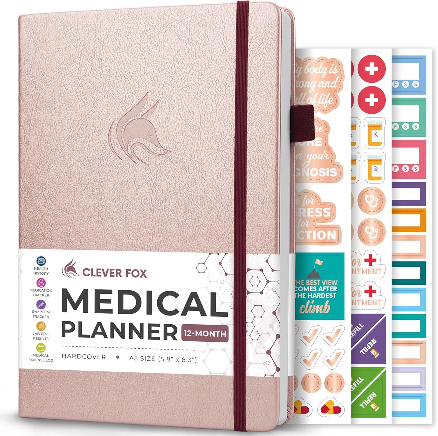 Clever Fox Compact A5 Medical Planner 12-Month – Medical Notebook, Health Diary, Wellness Journal to Track Health –12 Months (Rose Gold)