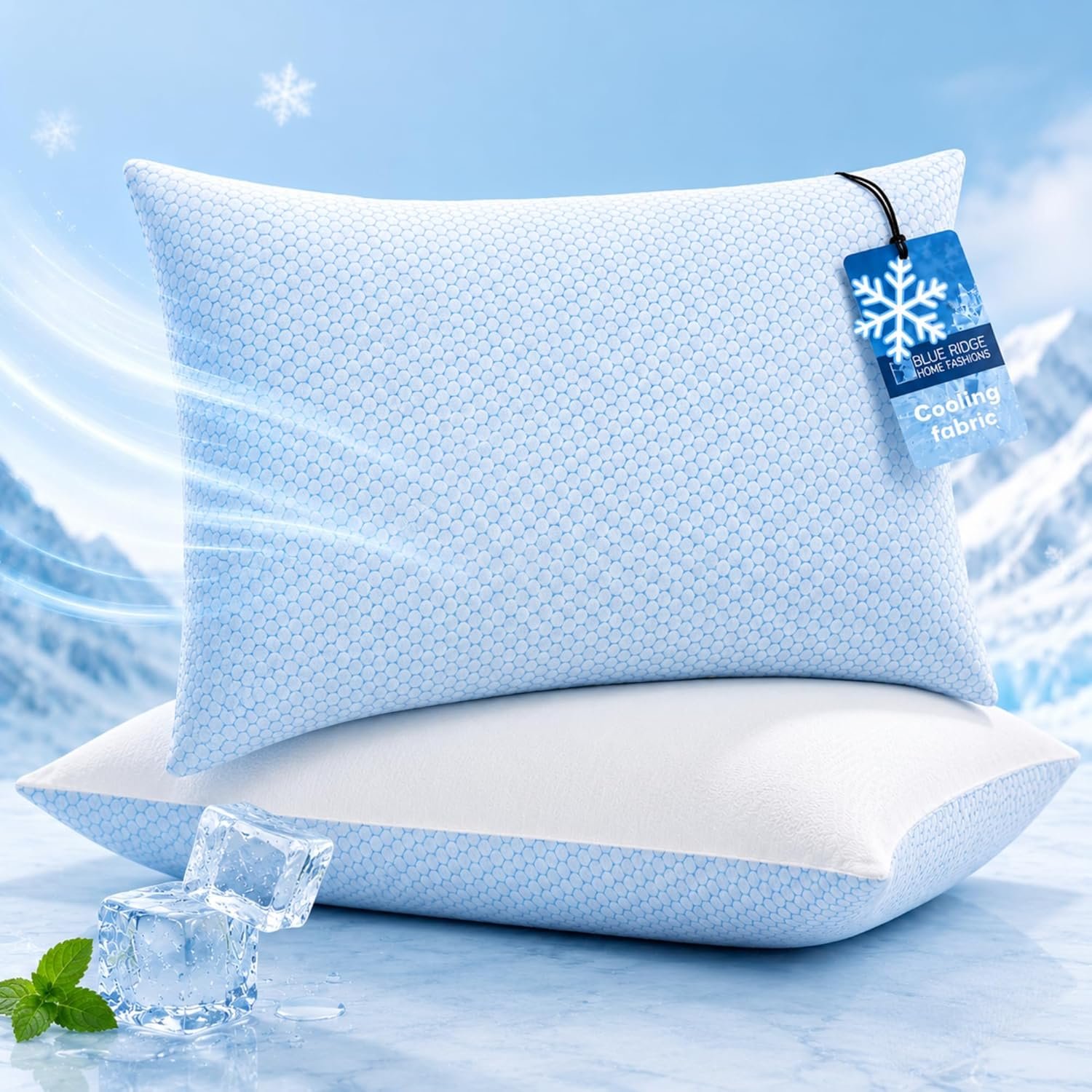 Blue Ridge Home Fashions Cooling Pillows Queen Size Set of 2, Dual-Sided Cooling & Breathable Cotton Design, Down Alternative Pillows for Hot Sleepers, Soft Support for Side, Back & Stomach Sleeping
