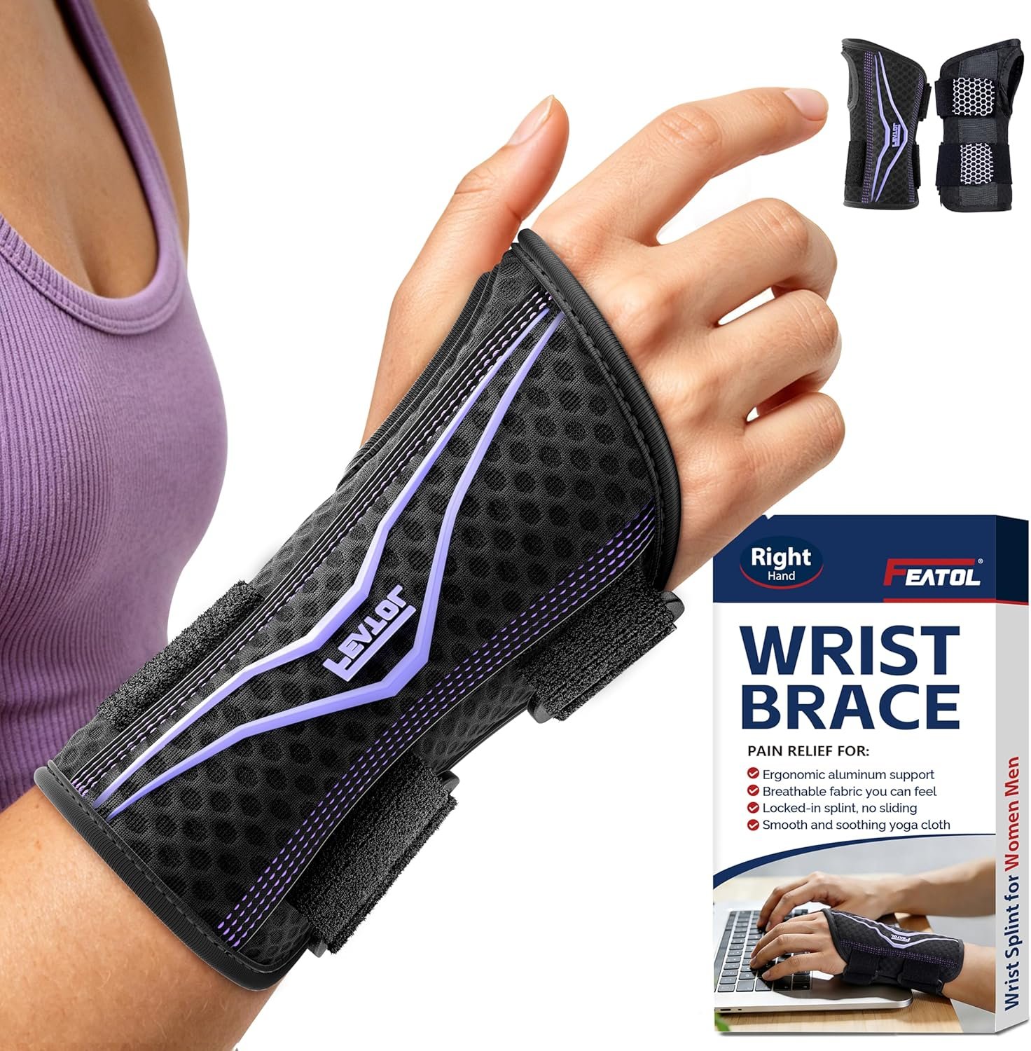 FEATOL Wrist Brace with Ergonomic Wrist Splint Right Hand, Breathable Hand Support for Women and Men, Pain Relief for Carpal Tunnel, Tendonitis & Daily Work, Medium