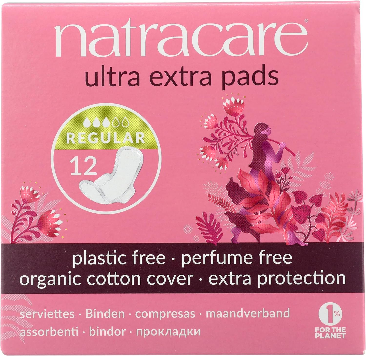 Natracare Ultra Extra Pads with Wings, Regular, Individually Wrapped, Made with Certified Organic Cotton, Ecologically Certified Cellulose Pulp and Plant Starch (1 Pack, 12 Pads Total)